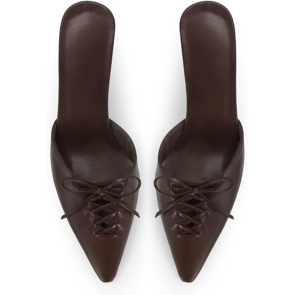 〽️Women's Brown Dressy Bow Kitten Heels Studded Closed Pointed Toe Pump Shoes - Picture 2 of 7